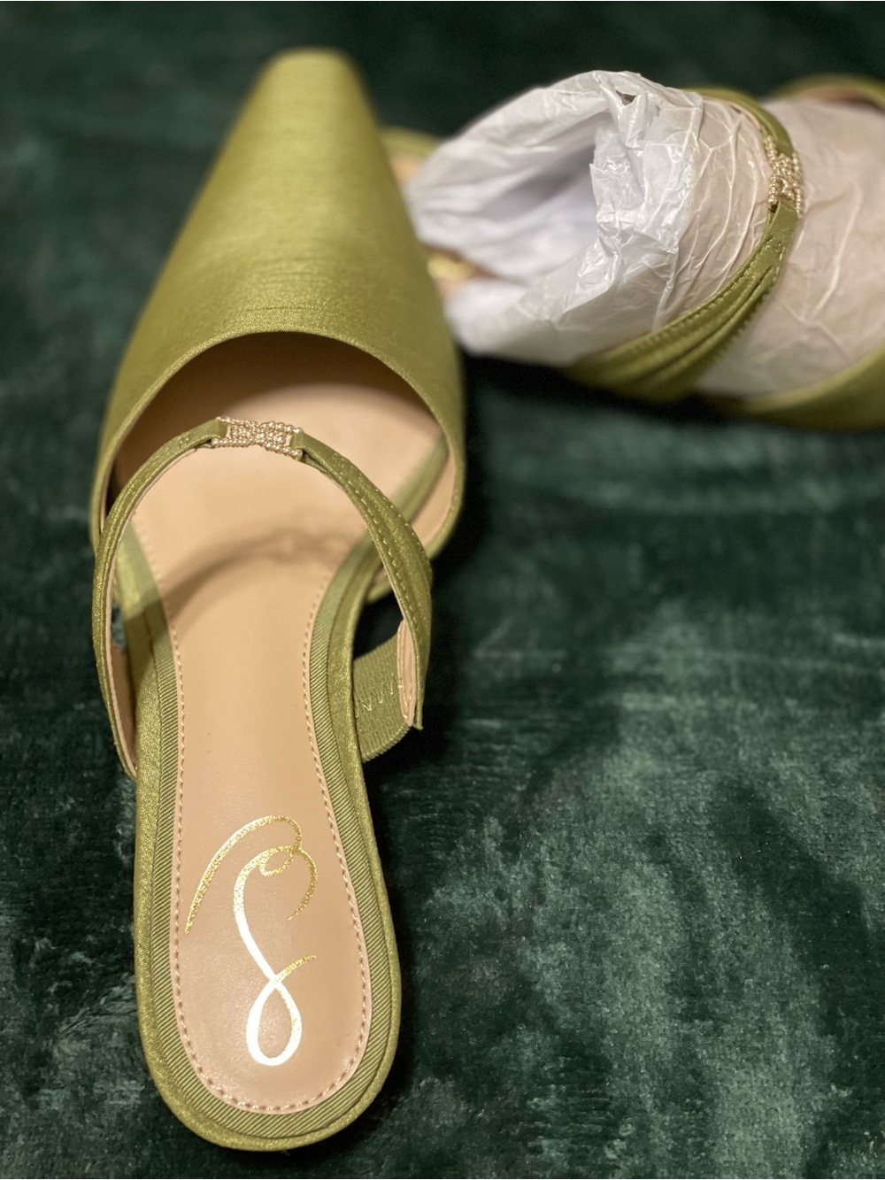Olive Green Satin pointed toe Mules Flats
